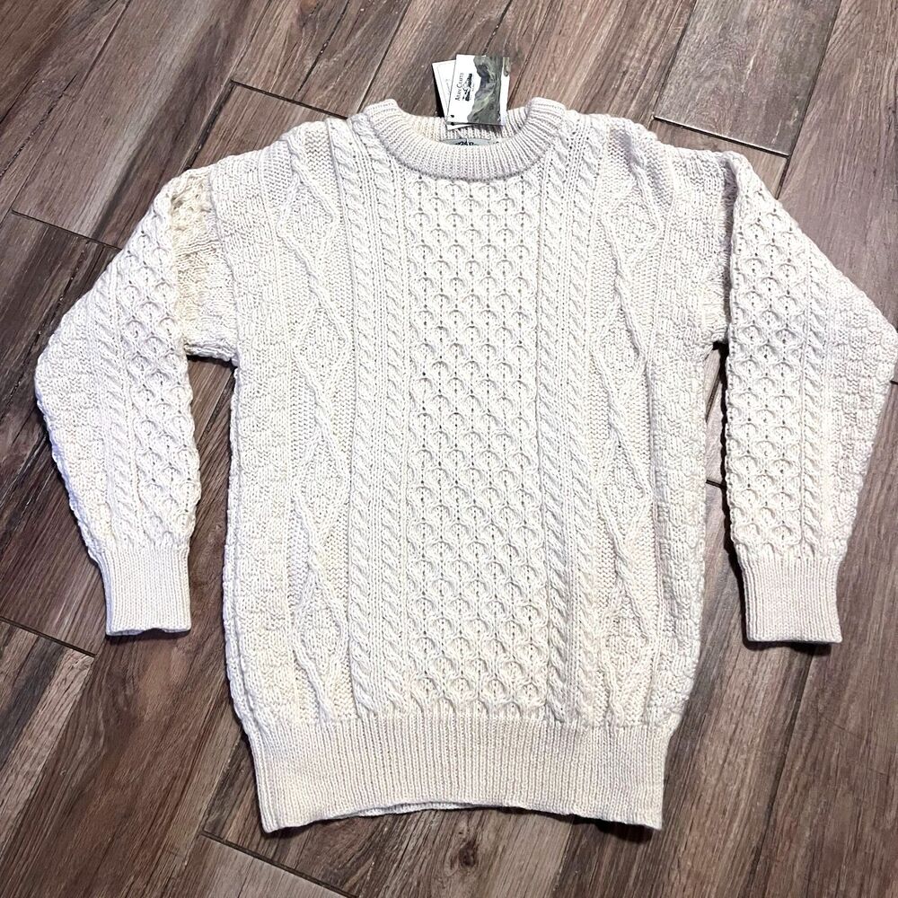 Aran Crafts Mens Chunky Knit 100% Wool Ireland Sweater Cream Small NWT